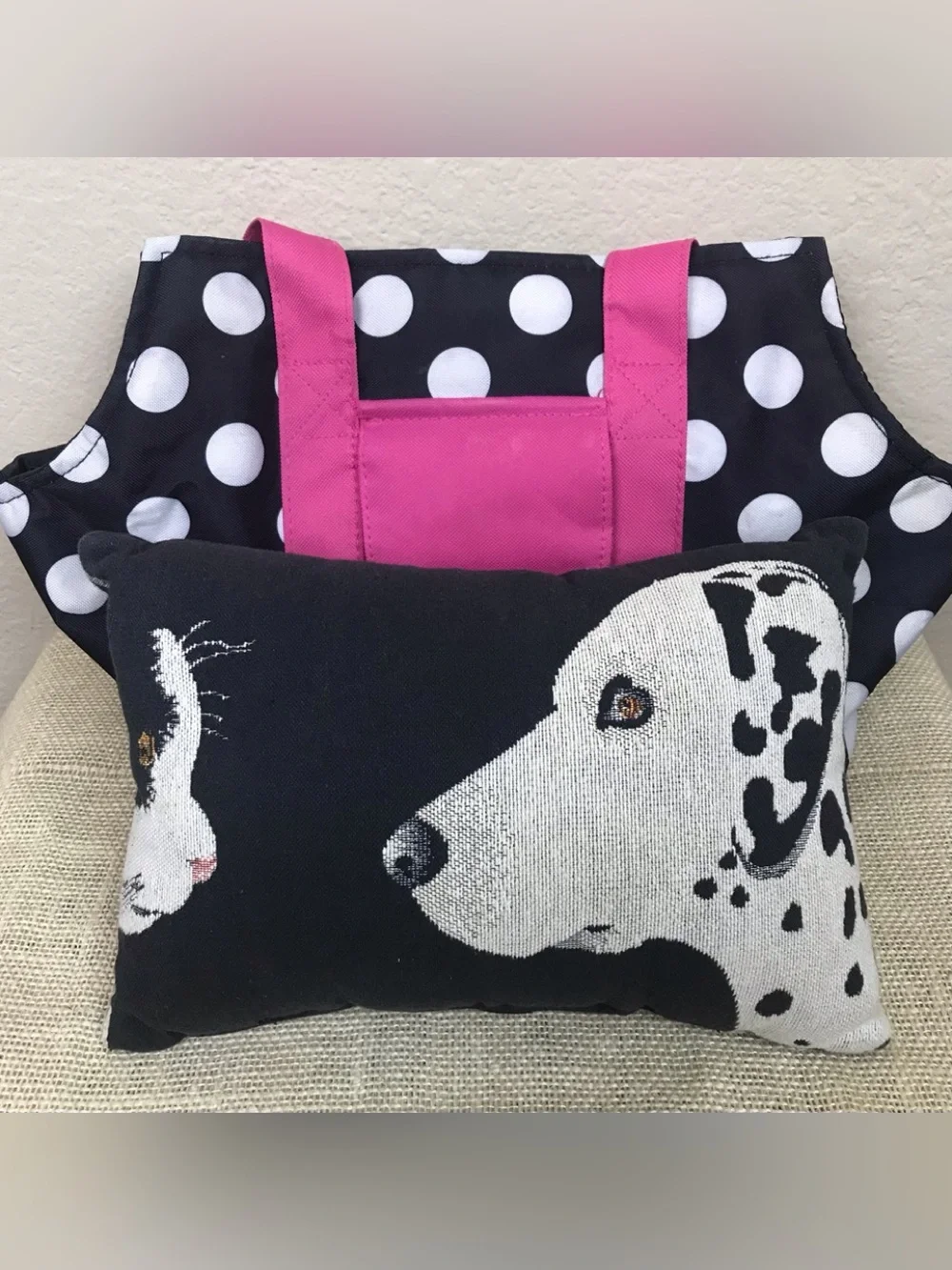 Polka Dot Tote Purse Bag Black White Pink w/ Dalmatian Cat Pillow Dog Lover Set